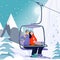 Winter vacations activity concept. Happy couple rise to the ski lift elevator.