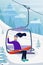Winter vacations activity concept. Happy girl rise to the ski lift elevator and waving hand.