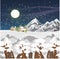 Winter vector landscape. Mountains, houses and forest in the snow. Starry night sky. Big Full Moon