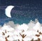 Winter vector landscape with the tops of the snow-covered trees and a starry night sky. New moon