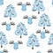 Winter vector pattern with blue tree and moose.
