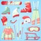 Winter vector sport and clothes icons snow ski, snowboard helmet and board, sledge mountain cold extreme sportsmen