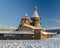 A winter view of the belfry and Pokrovskaya church at Bogoslovka manor.