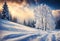 Winter view of falling snow and snow covered trees, festive magical winter background