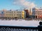 Winter view of Kadashevskaya Embankment along Vodootvodny Canal in Moscow overlooking belfry