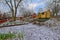 Winter view of preserved traditional colorful wooden allotments huts in Skansen the Sconce open-air Museum of Architecture and