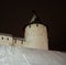 Winter view of the watchtower and the fortress wall of the Kazan Kremlin. Night photo. Kazan, Tatarstan, Russia