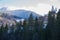 Winter view of winter ski resort with houses, cottages and woods