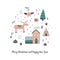 Winter village landscape poster. Magical Christmas cute houses, Christmas tree, reindeer, gifts. Christmas city in