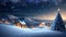 Winter village at night with houses and snowflakes 3D rendering. AI generated.