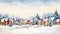 A Winter Village Scene with a Church, Snowy River, and Rounded H