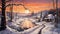 Winter Village At Sunset A Calm And Romanticized Painting