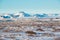 Winter volcanic landscape with mountain range covered by snow near Langjokull, Iceland