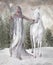 Winter walk of a fairy with a white unicorn