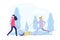 Winter walking. Women active winter time. Flat girl walks with dogs in forest vector illustration