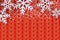 Winter warm red knitted background with realistic white snow and snowflakes. Vector Christmas and New Year illustration