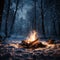 Winter warmth Bonfire in snowy forest with falling snowflakes