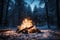 Winter warmth Bonfire in snowy forest with falling snowflakes