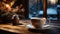 Winter Warmth: Cozy Coffee Mug on Rustic Table