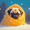 Winter warmth Pug dog cozily rests under a yellow blanket