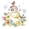 Winter Watercolor Christmas greeting card with cute sowman, flowers