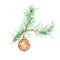 Winter Watercolor christmas tree branch with golden glass bauble ornament, isolated on white background.