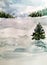 Winter watercolor landscape with a beautiful tree in the foreground