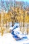 Winter watercolor landscape. Forest stream in the winter forest. Snow, snowdrifts. Travel, tourism. Digital painting -