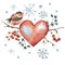 Winter watercolor natural greeting card with red heart, bird