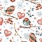 Winter watercolor natural seamless pattern with red heart, bird,