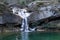 Winter waterfall with snow and cold lake in the twelve waterfalls nature trail, Pyrenees, Spain, Europe.