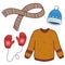 Winter wear set. Warm knitted clothes in cartoon style.