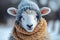 Winter whimsy Cute sheep in knitted scarf and beanie brings humor