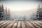 Winter Whispers: Empty Old Wooden Table with Blurred Wintry Backdrop,