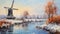 Winter Windmill Painting In Dutch Landscape - Uhd Image