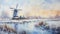 Winter Windmill Painting: Motion Blur Panorama Of Romantic River Landscape