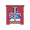 Winter window with red curtains flat illustration