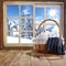 Winter window view background. Snowy winter behind the window. Home interior and a table with a place for an advertising product.