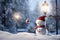 Winter Wishes Merry Christmas and Happy New Year Greeting Card with Copy Space - Happy Snowman Standing in Christmas Landscape,