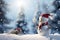 Winter Wishes Merry Christmas and Happy New Year Greeting Card with Copy Space - Happy Snowman Standing in Christmas Landscape,