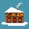 Winter wodden, brick, big house or hotel. With snow roof.