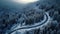 Winter Wonderland: Aerial View of Winding Road in Forest AI Generated