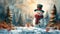 winter wonderland art, a charming watercolor of a happy snowman in a top hat and scarf, amidst snowflakes and pine trees