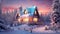 Winter Wonderland: Enchanting Snowy Landscape with Cozy Christmas House and Glowing Lights.