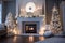 a winter wonderland fireplace with twinkling lights, ornaments, and a sleek and simple design