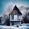 Winter Wonderland: Frozen Wooden House Amidst Snow and Ice