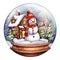 Winter Wonderland illustration. A Magical Snow Globe with a Charming Snowman and cottage isolated on white background