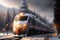 Winter Wonderland: Motorized Modern Train Glides through Snow Covered Landscapes. AI generated
