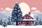 Winter Wonderland: Pixel Art Illustration of Christmas Tree and Snowy House. Perfect for Greeting Cards and Posters.