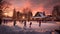 A winter wonderland scene with people ice skating on an outdoor rink.